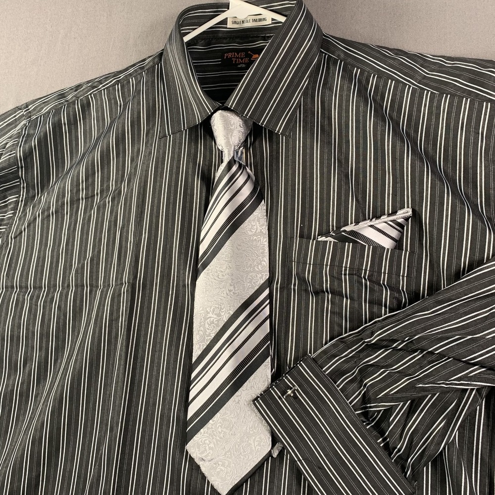 Prime Time Dress Shirt Mens 19.5 36/37 Black‎ White Stripe Tie Cufflinks Formal